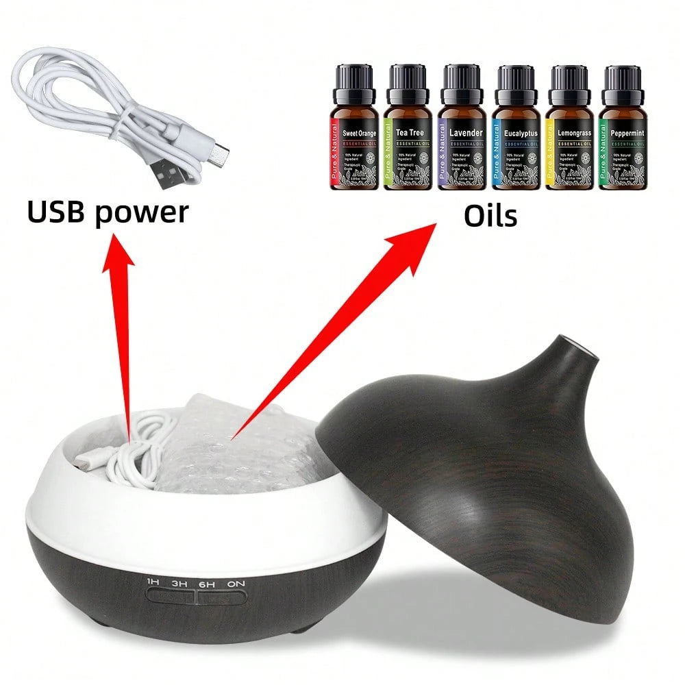 18.6-Ounce Large-Capacity Smart Aroma Diffuser, Remote Control and 7-Color LED Wood Grain Humidifier, Including 6 Kinds of Home Office Essential Oils
