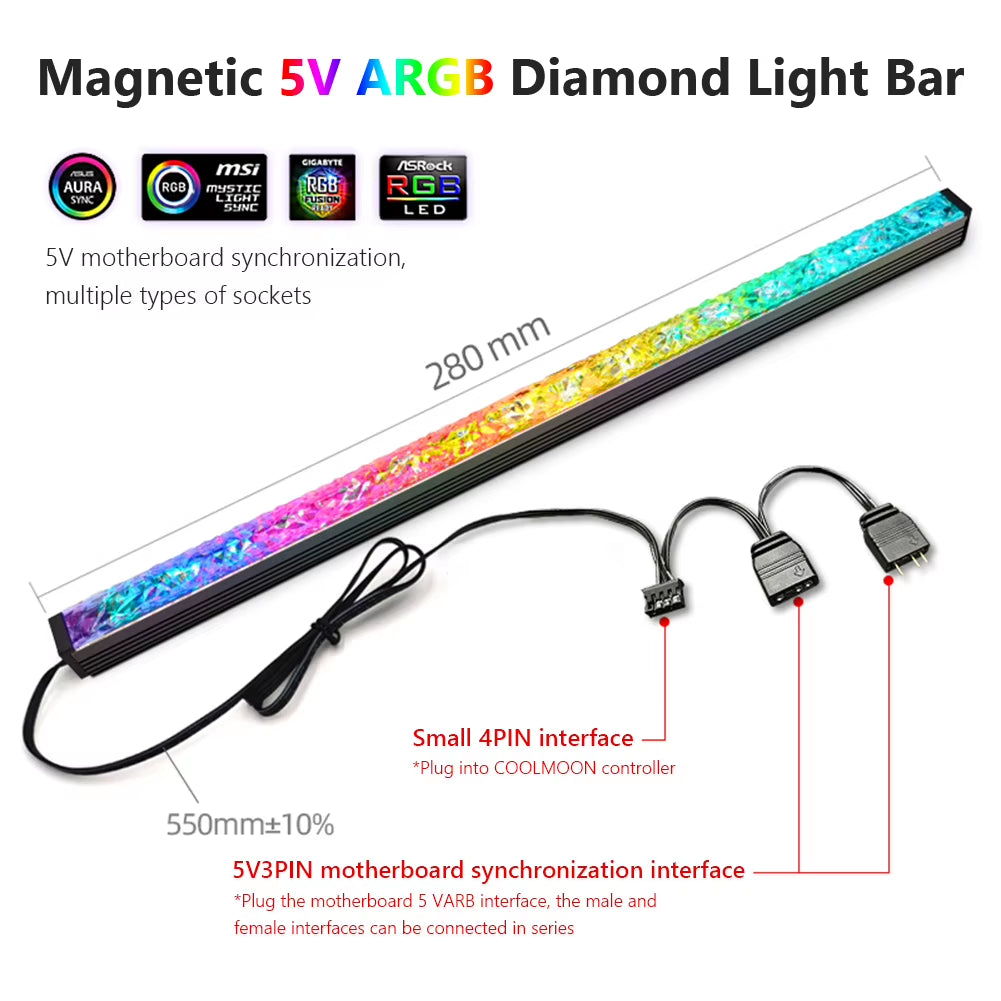 COOLMOON 30Cm Aluminum Alloy RGB PC Case LED Strip Magnetic Computer Light Bar 5V/3PIN Small 4Pin ARGB Motherboard Light-Strip