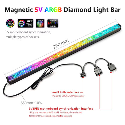 COOLMOON 30Cm Aluminum Alloy RGB PC Case LED Strip Magnetic Computer Light Bar 5V/3PIN Small 4Pin ARGB Motherboard Light-Strip