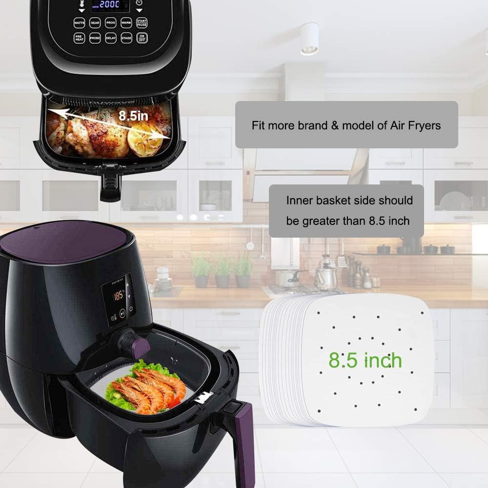 Air Fryer Parchment Paper, 200Pcs 8.5 Inch Perforated Unbleached Square Air Fryer Liners,Steaming Parchment Liner, Parchment Paper for Air Fryer, No Burn, Easy Cleanup…