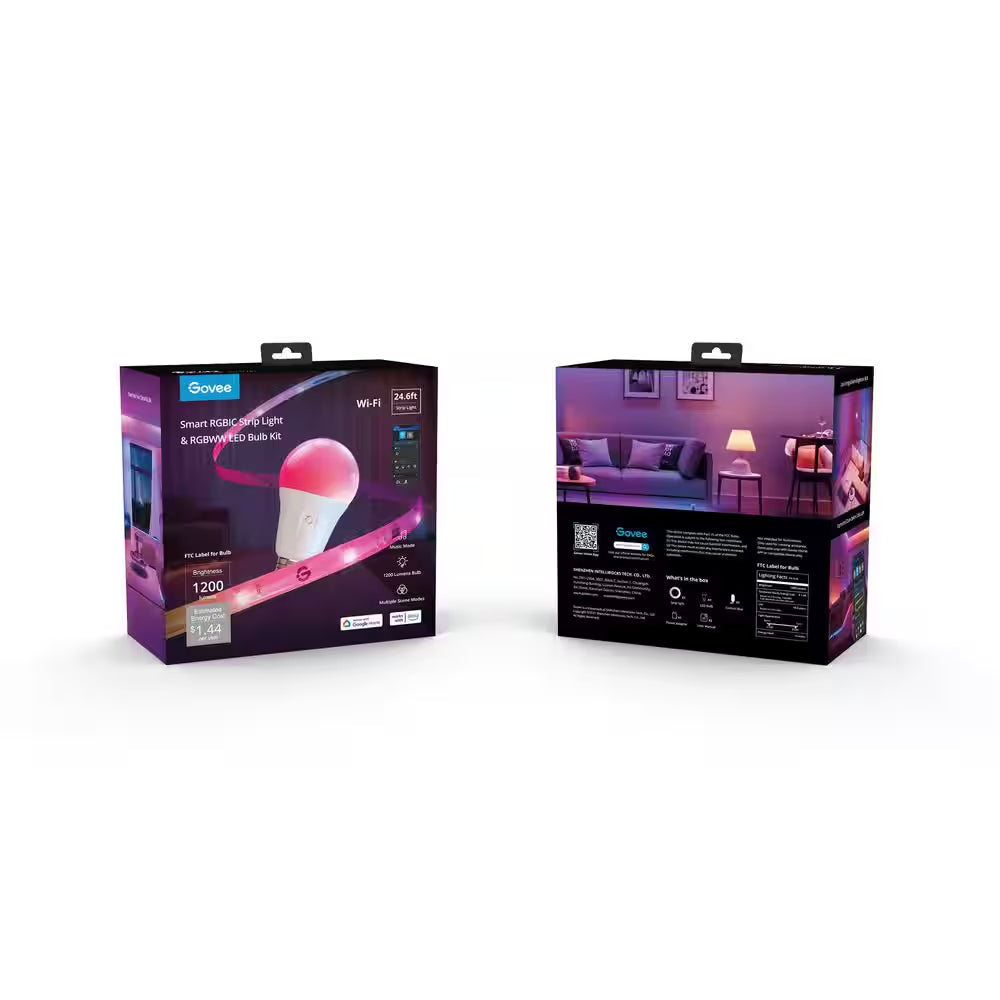 RGBIC Smart Integrated LED 24.6 Ft. Strip Light with 36 Watt Equivalent RGBWW Smart Light Bulb