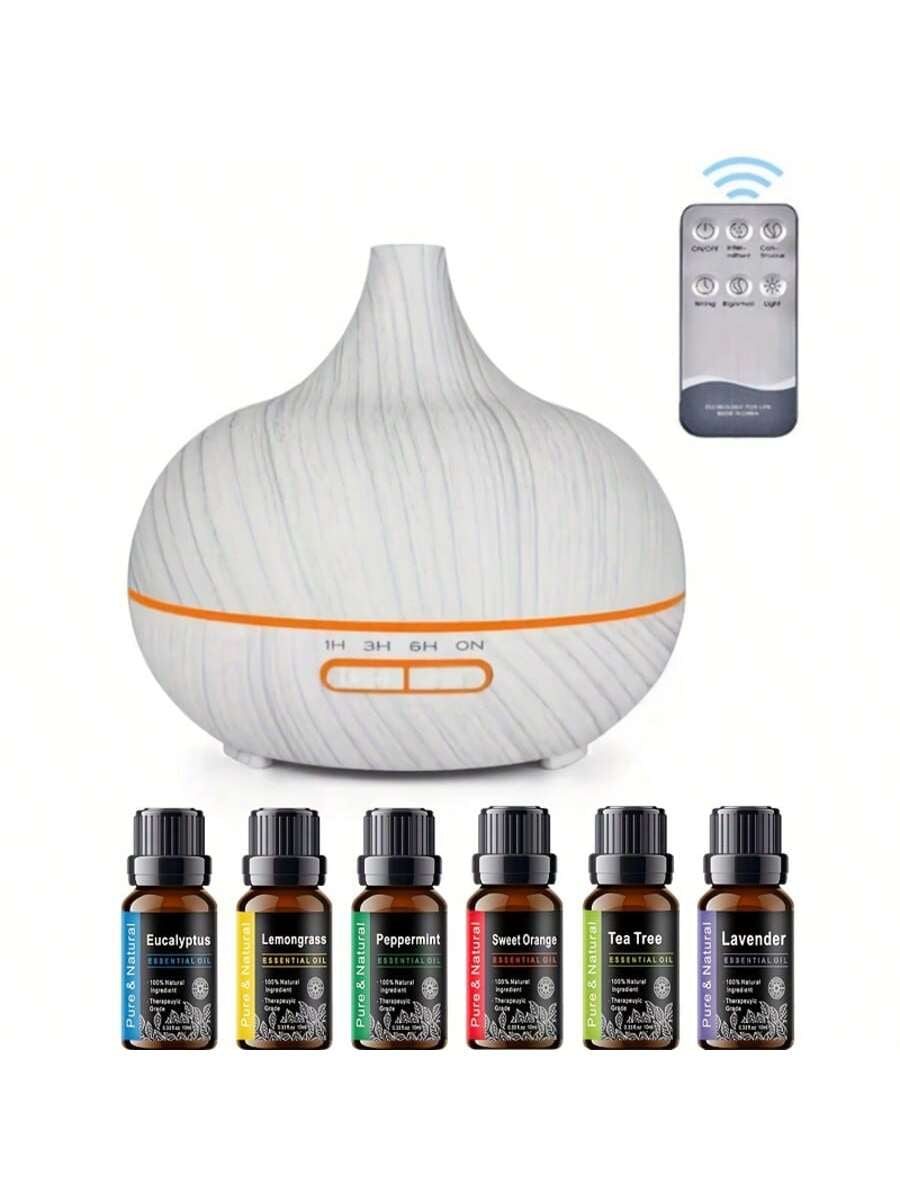 18.6-Ounce Large-Capacity Smart Aroma Diffuser, Remote Control and 7-Color LED Wood Grain Humidifier, Including 6 Kinds of Home Office Essential Oils