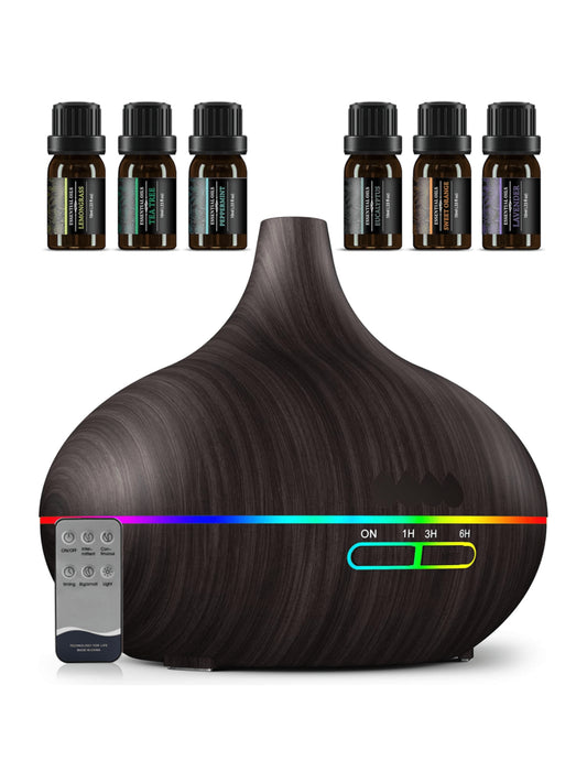 18.6-Ounce Large-Capacity Smart Aroma Diffuser, Remote Control and 7-Color LED Wood Grain Humidifier, Including 6 Kinds of Home Office Essential Oils