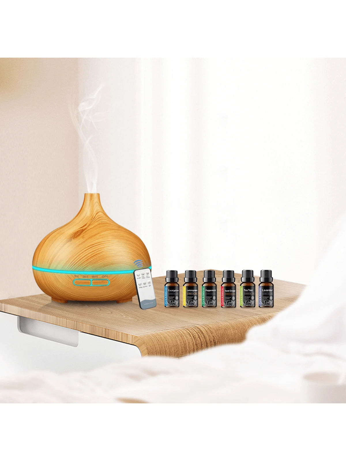 18.6-Ounce Large-Capacity Smart Aroma Diffuser, Remote Control and 7-Color LED Wood Grain Humidifier, Including 6 Kinds of Home Office Essential Oils