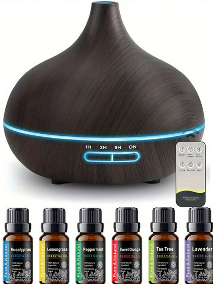 18.6-Ounce Large-Capacity Smart Aroma Diffuser, Remote Control and 7-Color LED Wood Grain Humidifier, Including 6 Kinds of Home Office Essential Oils