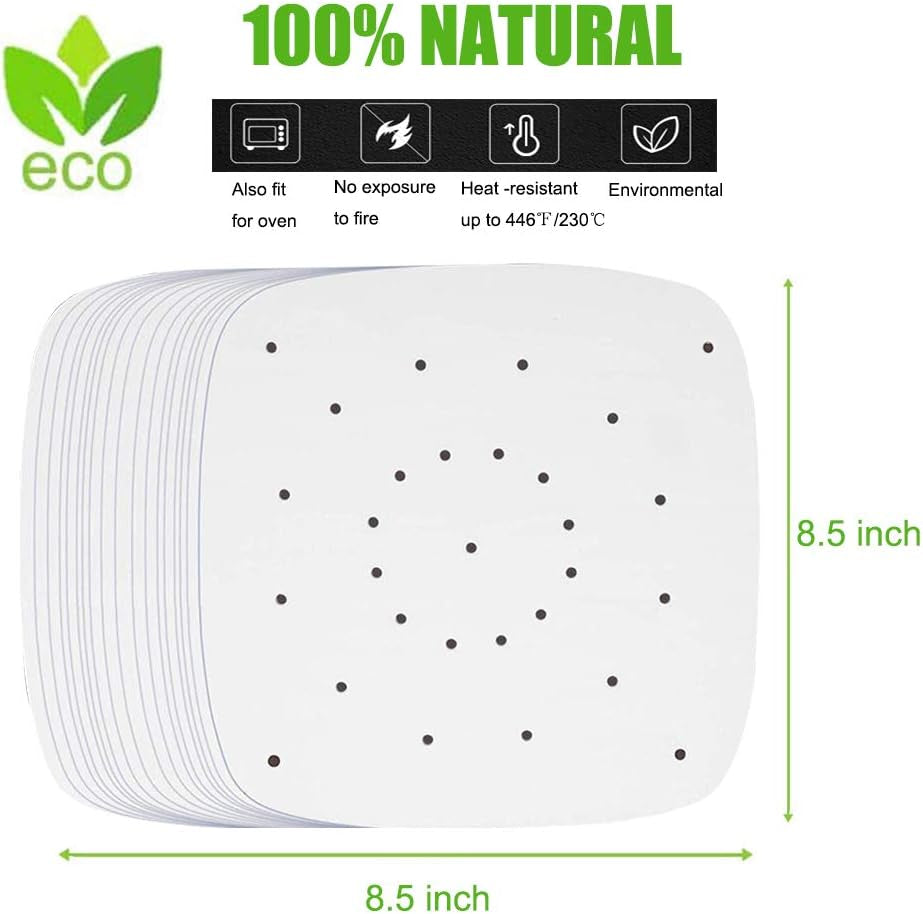 Air Fryer Parchment Paper, 200Pcs 8.5 Inch Perforated Unbleached Square Air Fryer Liners,Steaming Parchment Liner, Parchment Paper for Air Fryer, No Burn, Easy Cleanup…